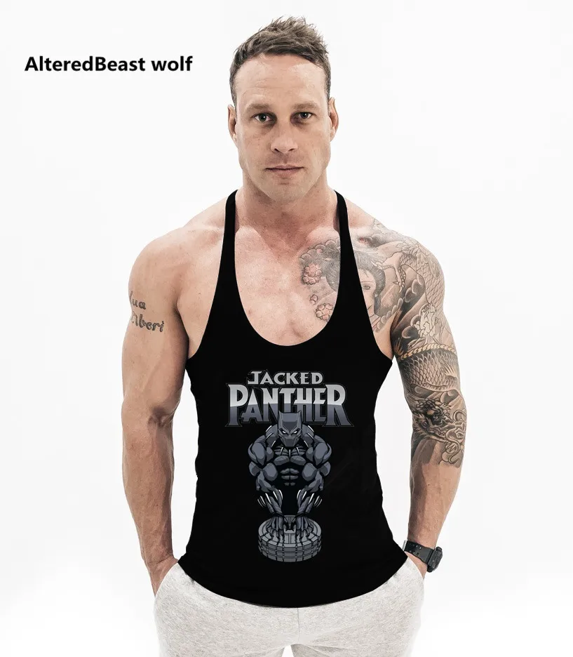 Брендовые мужские летние топы на бретелях для бодибилдинга с принтом черной Пантеры, мужские хлопковые рубашки без рукавов для фитнеса, топы на бретелях для бодибилдинга, мужские жилеты