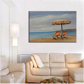 

Newest Design Top Quality Hand Painted Impression Landscape Beach Sky Sea And Beach Chair Oil Painting On Canvas