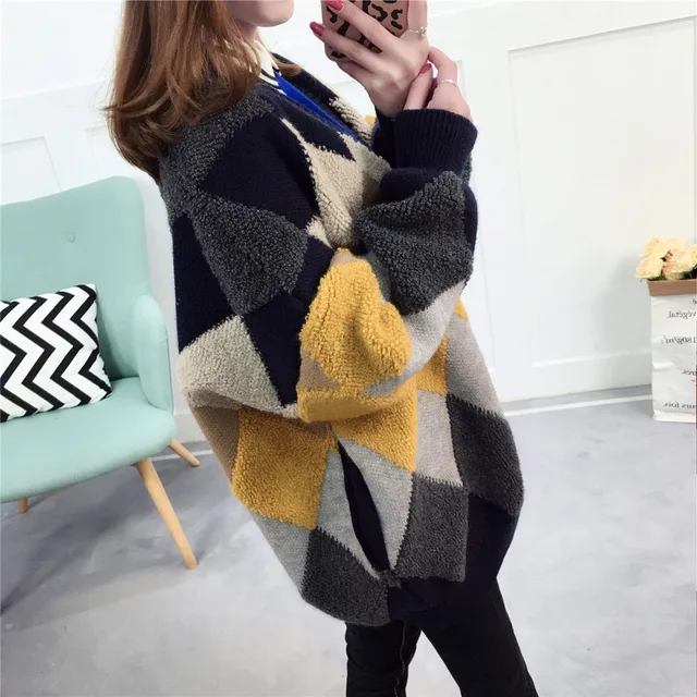 Best Value 2018 new autumn winter color matching geometric pattern thickening V-neck large size knit cardigan sweater women Best Value 2018 new autumn winter color matching geometric pattern thickening V-neck large size knit cardigan sweater women