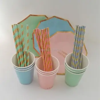 

Party Supplies Gold Foil Paper Cups Straws Plates Pink Mint Blue Gram 1st Birthday Decorations Tableware Baby Shower Favors