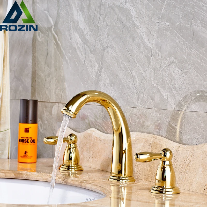 European Style Basin Faucet Golden Widespread Bathroom Faucets Dual