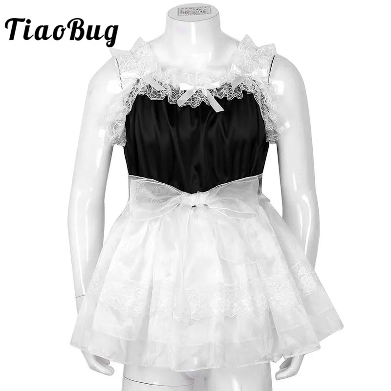 TiaoBug, мужское платье для трансвеститов, платье для Сисси, мягкое, атласное, эластичное, с оборками, кружевное, сексуальное платье с поясом из тюля, Мужская Ночная рубашка