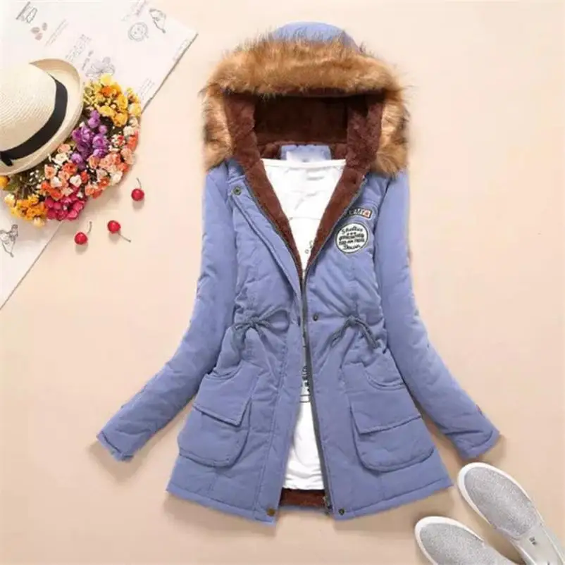 Sky Blue England Style Fur Collar Hooded Jacket Slim Winter Parka ...