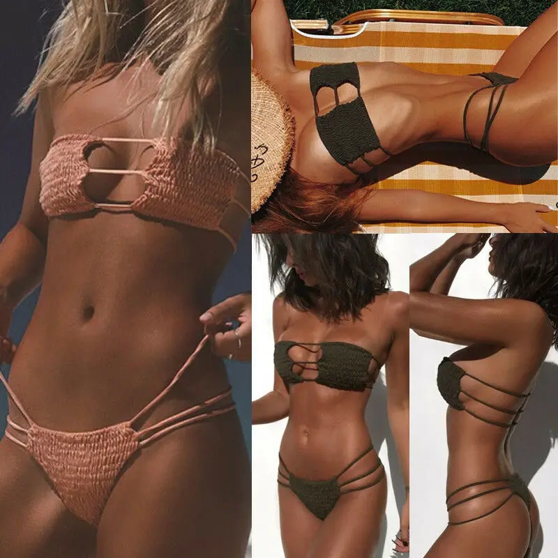 

Ladies Padded Bikini Set Crinkle Tankini Wrinkled Top Swimwear Swimsuit Sexy Women Bra Bikini Brazilian Push Up Beach