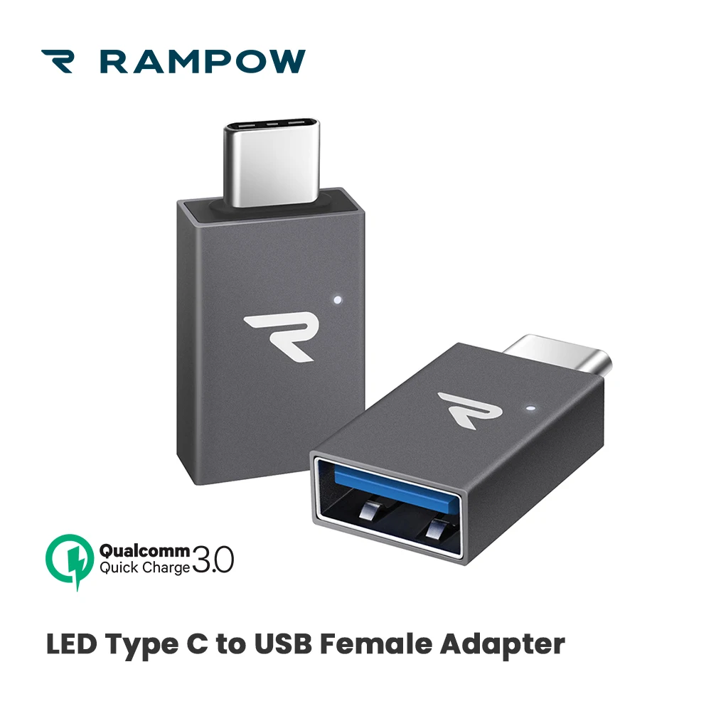 

[Lifetime Warranty] RAMPOW OTG USB C Adapter with LED Indicator QC3.0 Fast Charge USB Type C Adapter for Samsung S9/Huawei P20