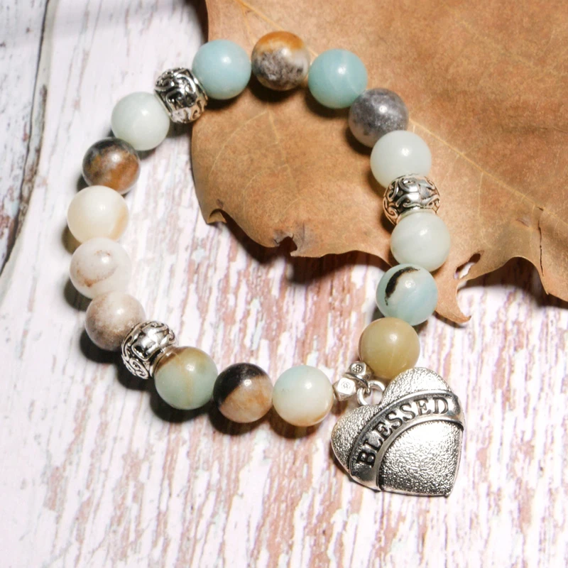 

MOON GIRL 10MM Stone Heart Blessed Bracelet Stretchy Lava Stone Beaded Amazonite Tiger Eye Chic Bracelets for Women Dropshipping