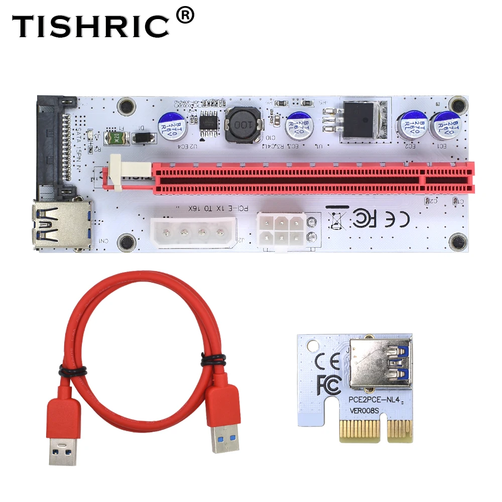 

TISHRIC 10Pcs 008S Pci Express Riser Card 1x 16x 3 in 1 Pci-e Extender For BTC Miner SATA To 4Pin 6Pin Molex USB Adapter Cable