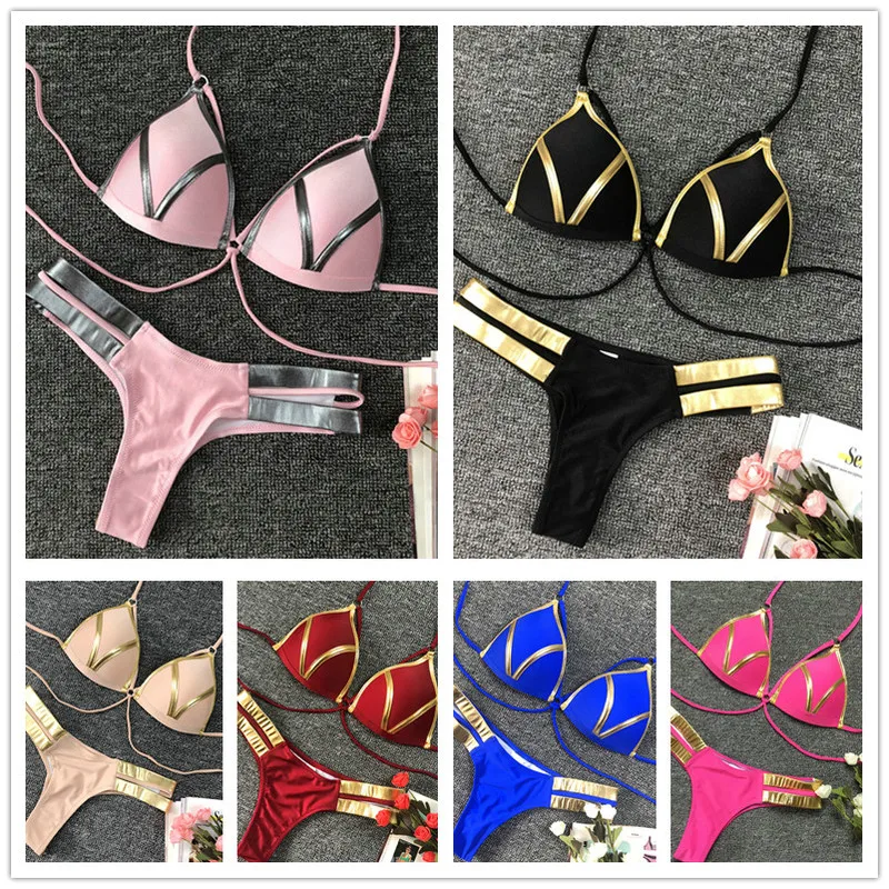 Billig Sexy String Tanga Bikini Set Rosa Frauen Push Up Bademode Biquini Halter Top 2 Stück Badeanzug Padded Bh Weibliche Bade anzug