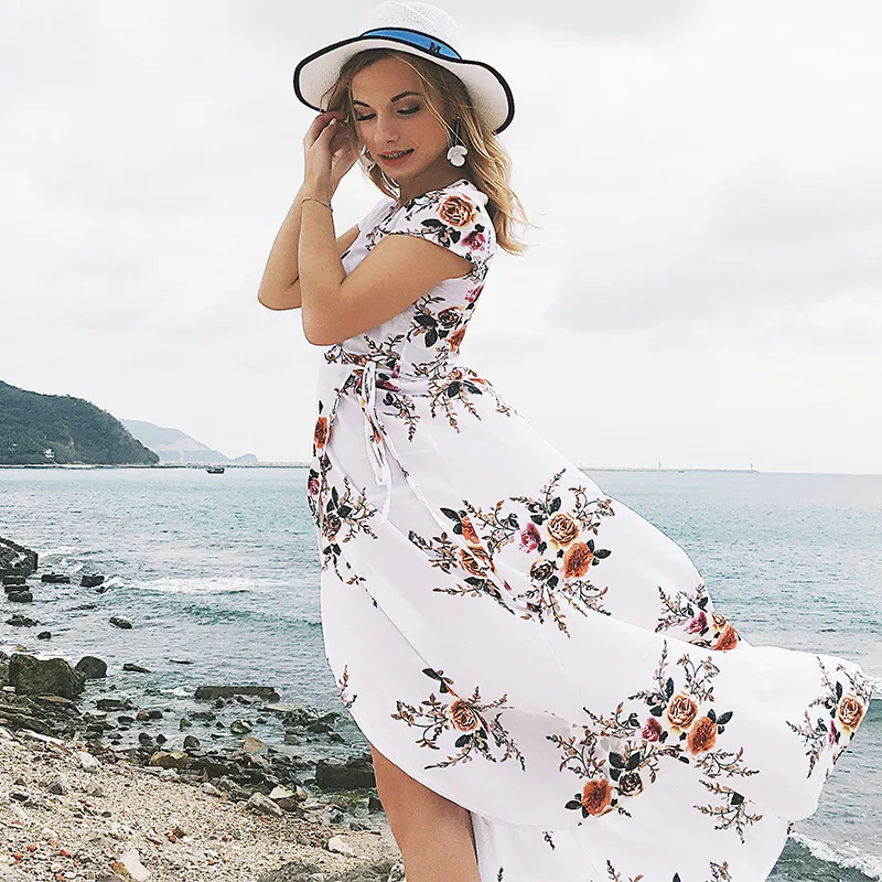 

2019 women's V-neck print chiffon sexy split fork beach seaside holiday summer dress women long dress white casual dress