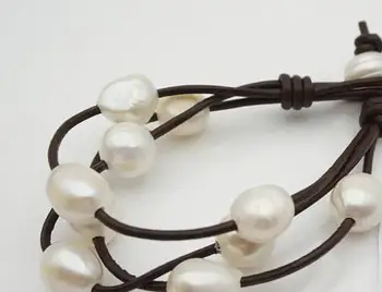 

Genuine Freshwater Pearl Bracelet AA + 9-11MM Natural Color White 3 Rows Real Leather Bracelet New Free Shipping