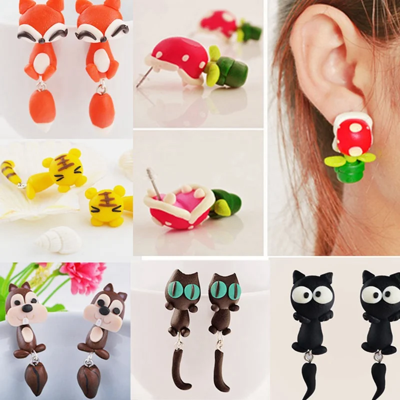 

2019 New 100% Handmade Polymer Clay Animal Earrings Cute Cat Red Fox Lovely Panda Squirrel Tiger Stud Earrings For Women Jewelry