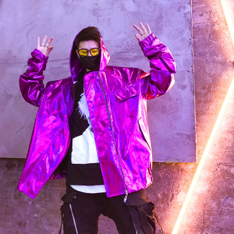 Fashion Bright PU Leather Mens Windbreaker Jackets Hooded Hip Hop Streetwear Bomber Jacket Male Nightclub Coat