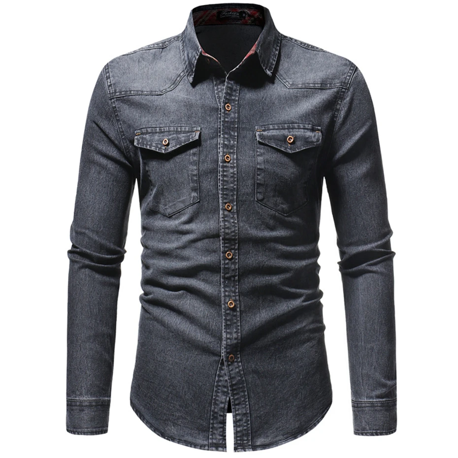Весна-Осень, Высококачественная джинсовая рубашка, мужская повседневная приталенная рубашка с длинным рукавом и карманом, черная, синяя, Hombre блуза D2866