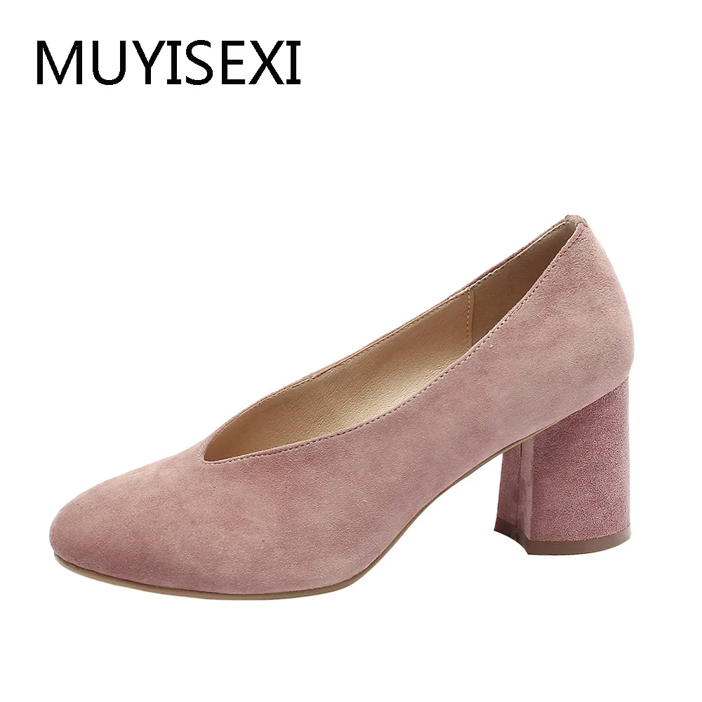 

V Shape Shallow Sheepskin Suede Pumps 7 cm Thick High Heels Round Toe Women Office Ladies Solid Work Shoes XDD04 MUYISEXI