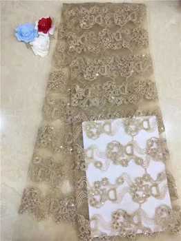 

2018 High Quality African Lace Fabric Gold , Blue French Net Embroidery Sequins Tulle Lace Fabric For Nigerian party Dress(FJ-2