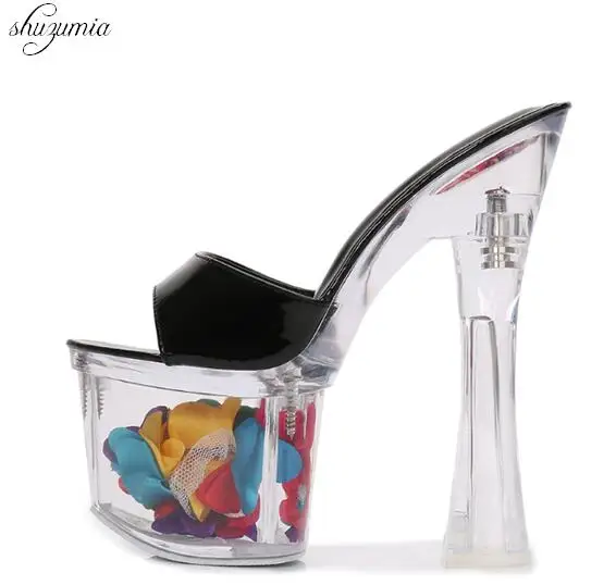 

Women Slipper Summer Flower 4 Color 2017 Sexy Crystal Slipper Heels 17cm Transparent Slipper Cool Slippers Female's Wedding Shoe