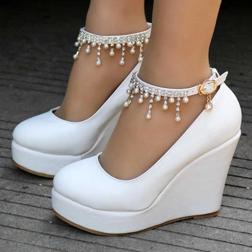 

Crystal Queen Ankle Strap Platform Wedges Women Pump High Heels Sapato Feminino Dress Shoes