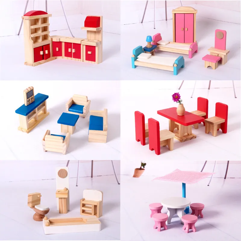 خشبية مصغرة دمية ثلاثة قصة DIY بيت الدمية مجموعات أثاث للدمى الاطفال هدايا نتظاهر اللعب لعب للأطفال