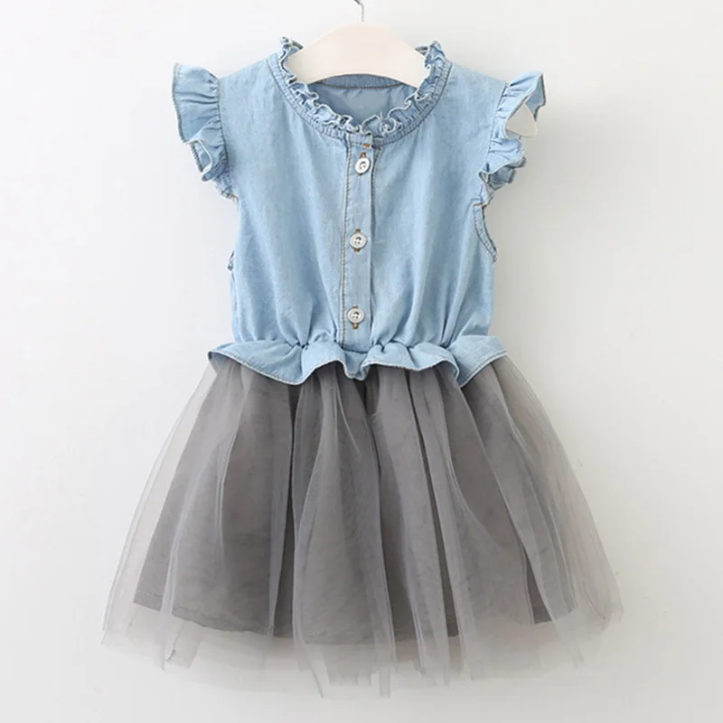 Джинсовое платье для девочек; Новая летняя детская одежда; повседневный костюм с короткими рукавами для девочек; платье принцессы с вышивкой бабочки; детская одежда - Цвет: AZ1532 Blue