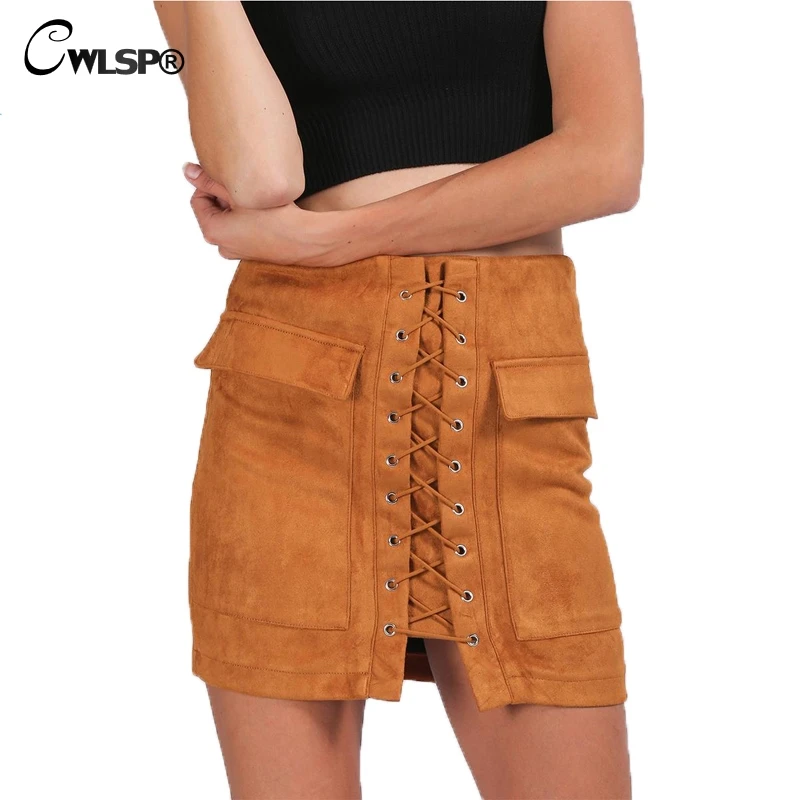 

Women Autumn Winter Lace Up Skirts 90's Girl Vintage Suede Leather High Waist Pencil Skirts Ladies Preppy Short Skirts faldas