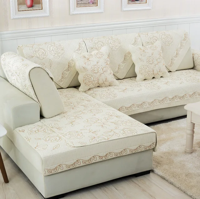 Modern Beige Rose Embroidery Cotton Combination Seat Sofa Covers Modern Beige Rose Embroidery Cotton Combination Seat Sofa Covers Protector Eco Friendly Slipcover Couch