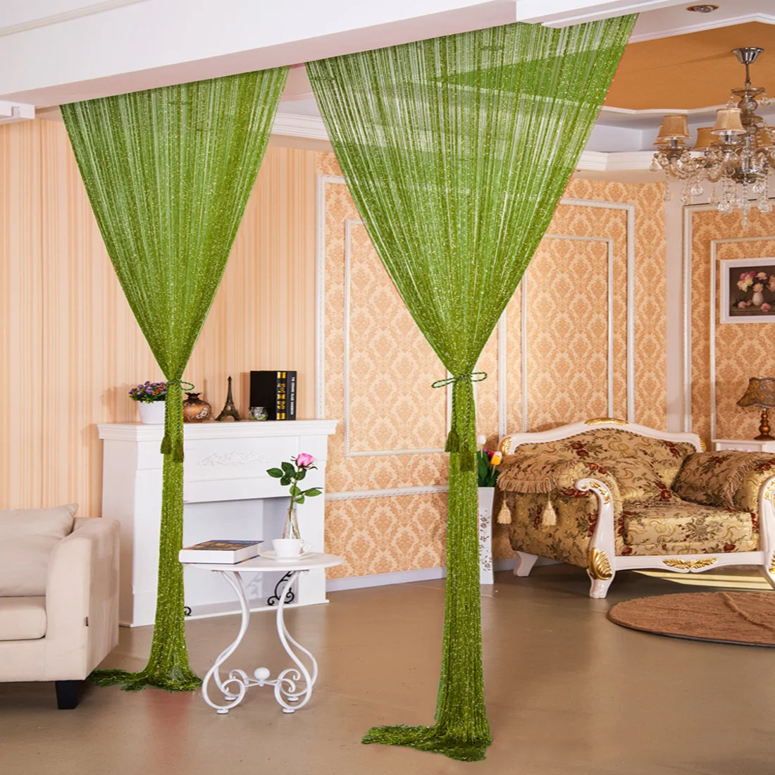 New Flash Silver Curtain Doors and Windows Separate Yarn Transparent Curtains Home Decorations Flashing Lines Shining Tassels - Цвет: Grass green