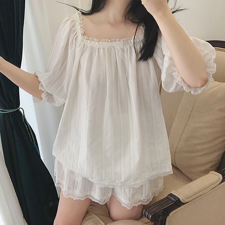 

Cute Women's Lolita Pajama Sets Cotton Ruffle Tops+Shorts.Vintage Ladies Girl's Lace Pyjamas set.Victorian Sleepwear Loungewear