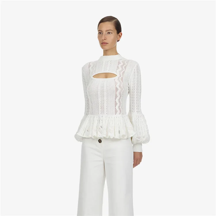 Same 2019 Early Spring New White Lantern Sleeves Sexy Hollowed Out Sweater Temperament Warm Pullovers O-Neck Sweater Women