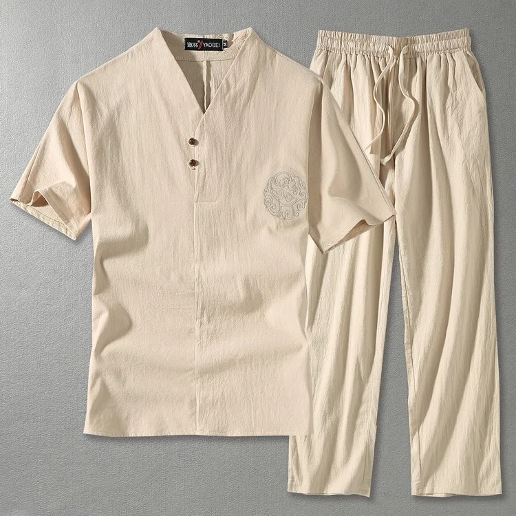 

Big men linen Tops&Tees sets plus size M-9XL V neck Men's T Shirt Male Tshirts T-shirt Chinese style two-piece suits 5 colors
