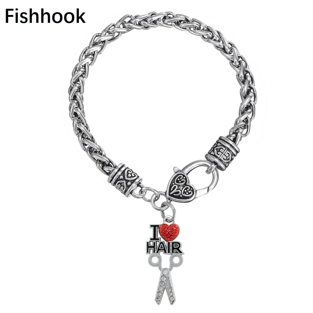 

Fishhook Christmas gift Cosmetologist I love (heart) Hair and scissors crystal bracelet