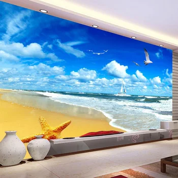 

Beautiful Blue Sky Starfish Seaside Scenery Nature Photo Wallpaper Custom 3D Room Landscape Backdrop Mural Wallpaper For Walls
