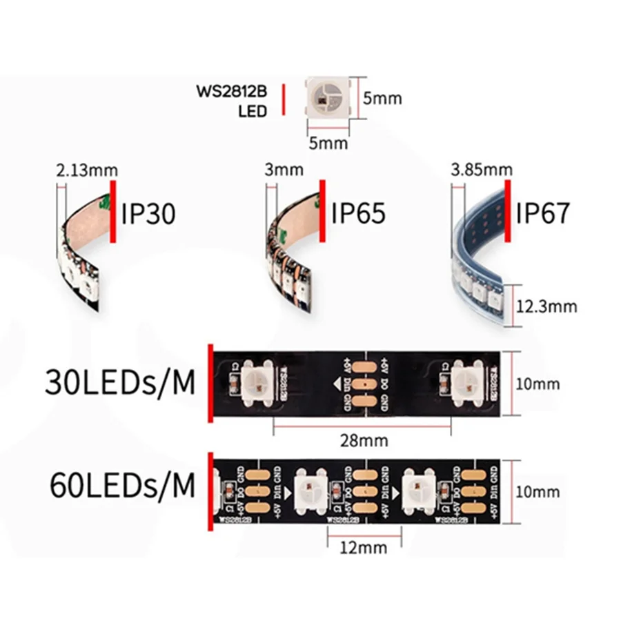 US $16.18 5V WS2812B Smart LED Strip WS2812 RGB 5M Waterproof Light Individually Addressable RGB LedStrip Pixel 30ledM 60ledM 5 V
