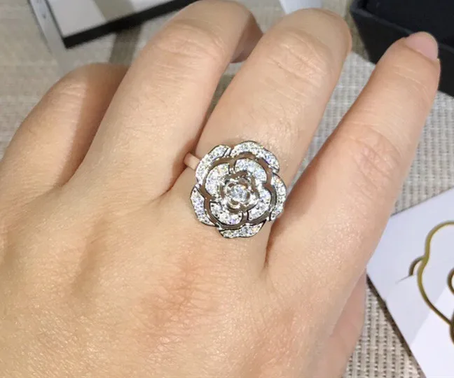 

Pure 925 Sterling Silver Jewelry camellia ring For Women Wedding zircon party flower ring Silver luxury brand jewelry