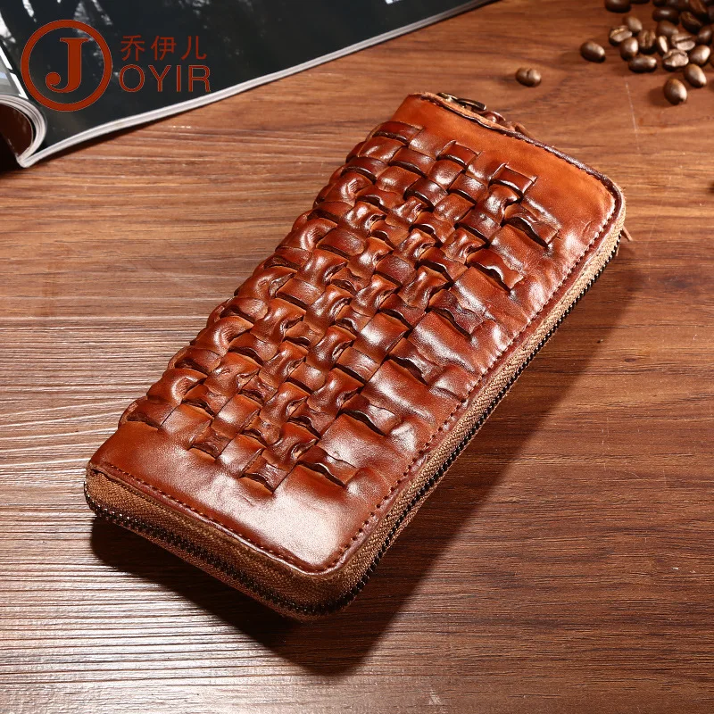 

New Design Genuine Real Leather Men Casual Wallet Cow Leather Vintage Handmade Plait Weave Long Fund Zipper Purse Good Quality