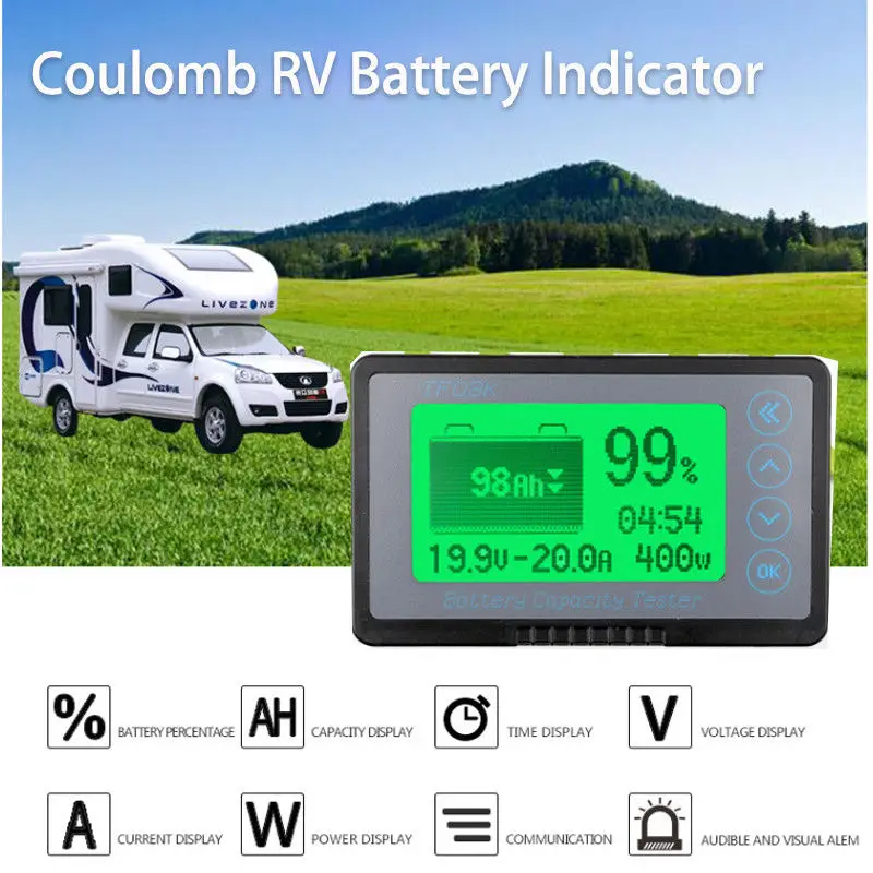 Монитор батареи DC 10-120v 50A цифровой кулоновметр AH SOC Автомобиль RV оставшаяся емкость свинцово-кислотная литий-ионная литиевая 12v 24v 36v 48v