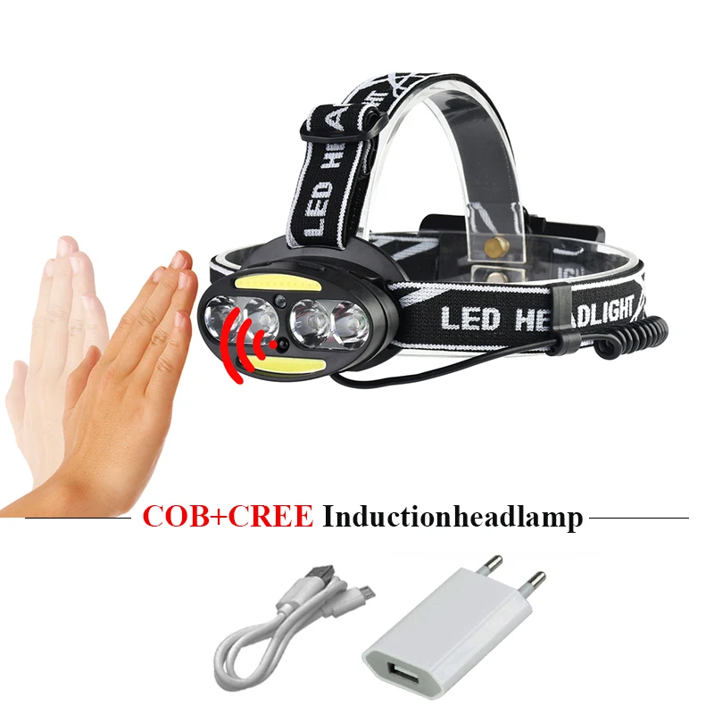 

Portable Lighting led headlight usb xml t6 2 cob IR sensor headlamp charge 18650 head light torch flashlight head lamp headtorch