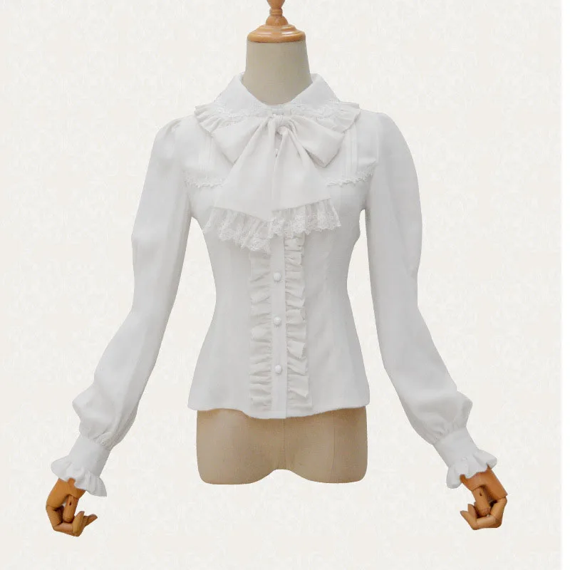 Флисовая кружевная блузка в стиле Лолиты с бантом на шее, костюм викторианского стиля для женщин, элегантная приталенная рубашка на пуговицах с рюшами, Женский Топ белого и черного цвета - Цвет: White