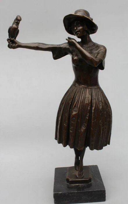 

xd 002328 14"Western Art sculpture Bronze Marble Belle Girl Play parrot Statue sculpture
