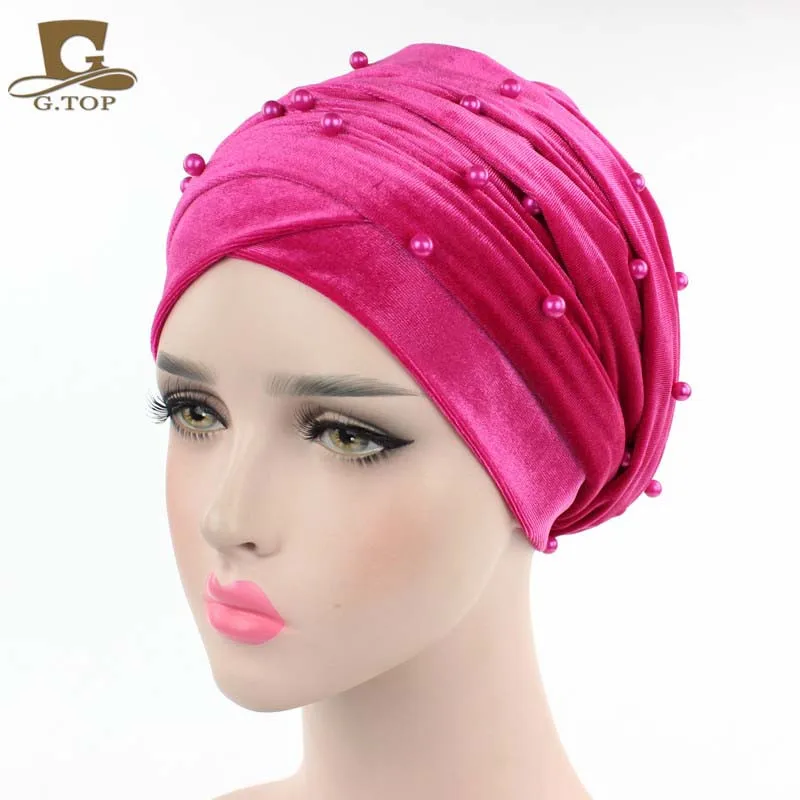 Роскошный перламутровый бархатный тюрбан длинный головной платок хиджаб для мусульманок банданы аксессуары для волос - Цвет: HOT PINK