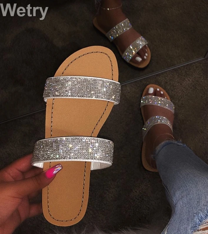 Womens Hollow Wedge Slip On Sandals Open Toe Casual Crystal Shoes slipper