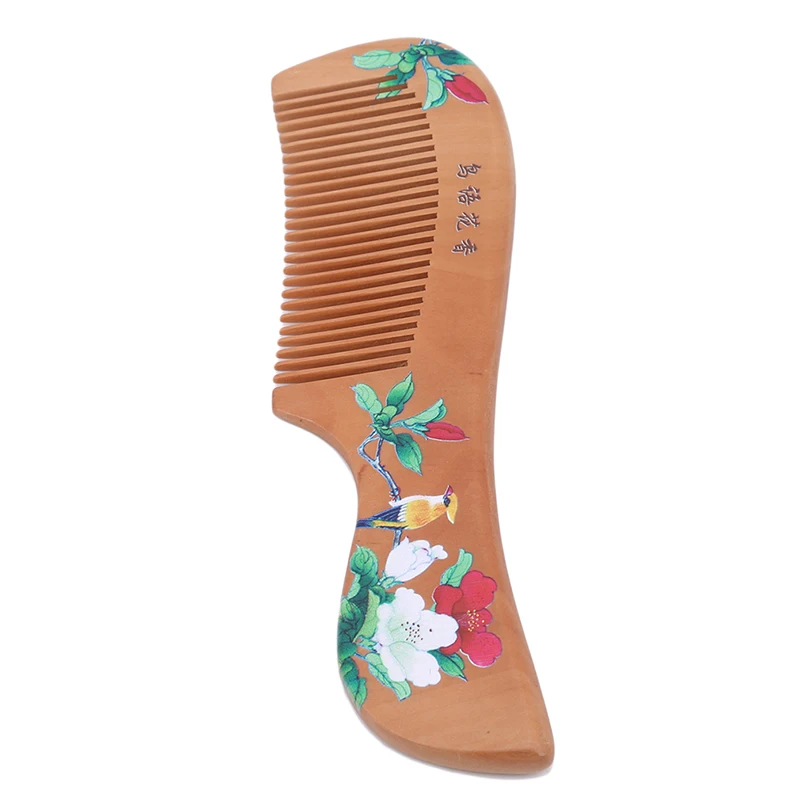 1PC Peach Wood Hairbrush Ventilation Comb For Salon Family Use Hairdressing Beauty anti-static Massage Scalp Comb - Цвет: Handle bird flower