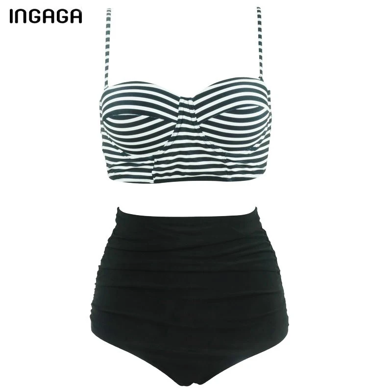 INGAGA 2016 New Bikinis Set Brand Swimwear Women Sexy High Waist Swimsuit Push Up Striped Strappy Bathing Suit