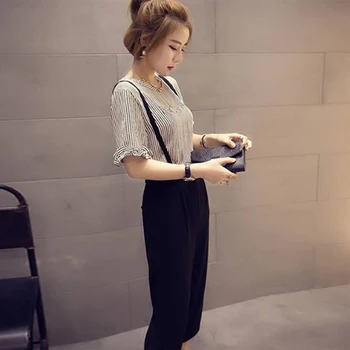 

2019 New Womens Black Wide Leg Strap Pants + Short Sleeve Loose Polyester T-Shirts 2PCS Set