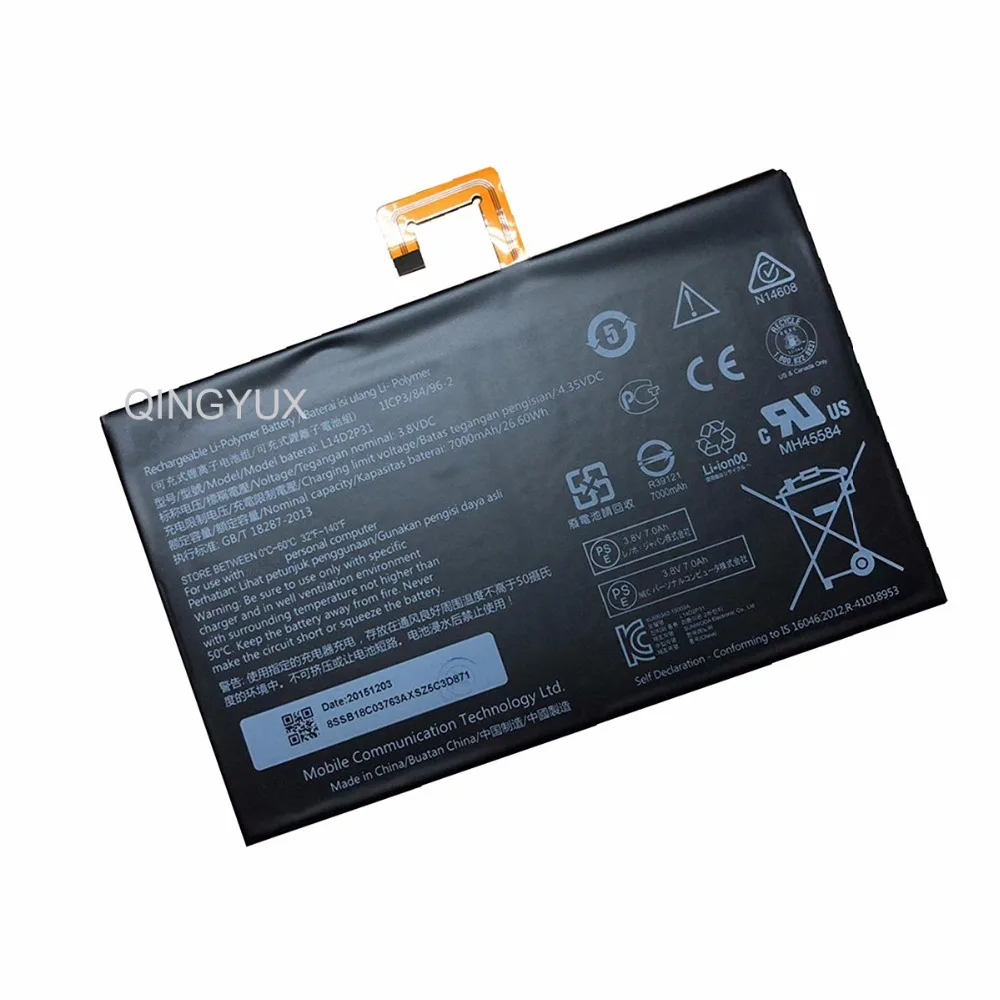 QINGYUX Новый 3 8 В 26 6 Вт · ч 7000 мАч L14D2P31 Аккумулятор для ноутбука Lenovo TAB2 A10-70L A10-70F TB2-X30