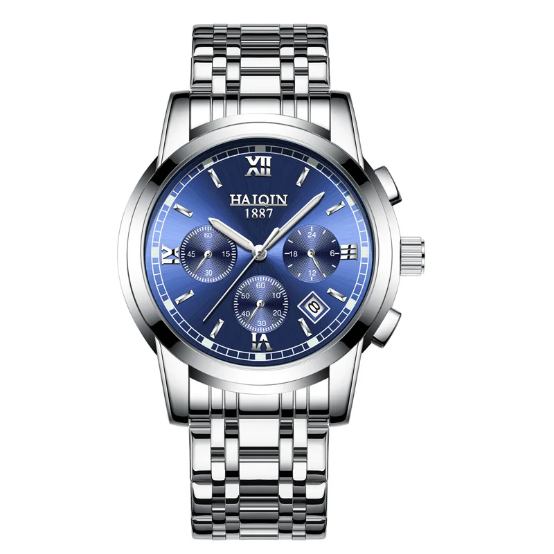Haiqin мужские часы, кварцевые аналоговые часы из нержавеющей стали, бизнес спортивные часы, Топ бренд, водонепроницаемые мужские наручные часы, Relogio Masculino - Цвет: Silver-blue