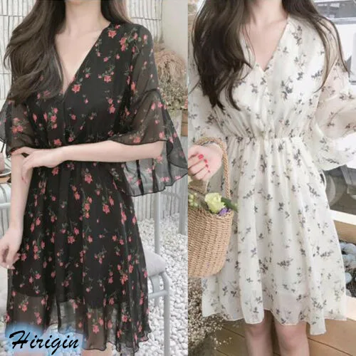 

Summer Casual Women Chiffon Print Dresses 2019 New Women Summer Casual Ruffles Half Sleeve V-Neck Chiffon Print Dress