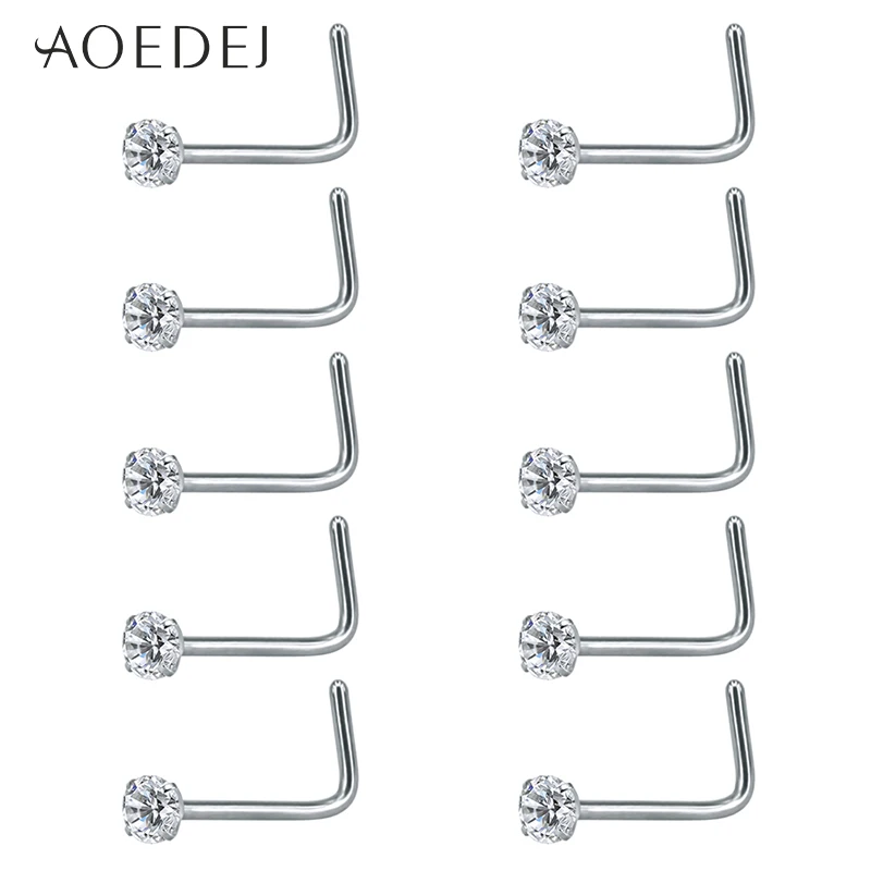 AOEDEJ 10 Pcs 1 Lot 20g Nose Rings& Studs Round Crystal Nose Rings Piercing Body Jewelry L-shape Nose Stud Cubic Zircon Nostril - Окраска металла: L-shape