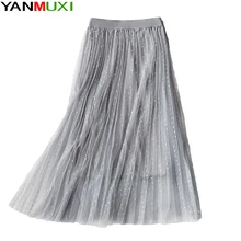 Черная, серая, розовая новая весенняя женская юбка с эластичной резинкой на талии и сеткой средней длины, темпераментная повседневная юбка феи, Прямая поставка