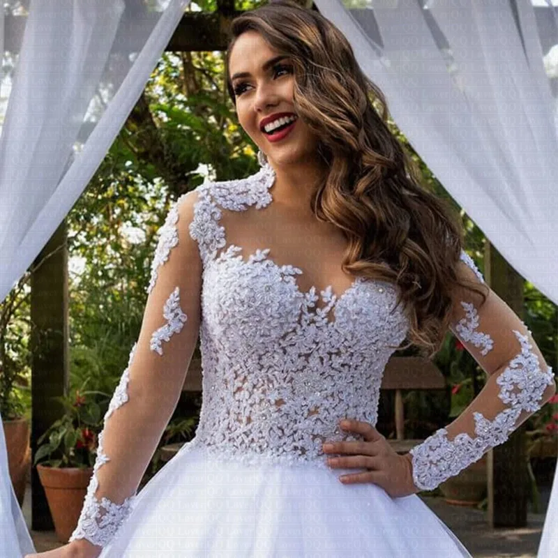 Appliques Vestidos New Amazing Train Wedding Dress Stunning Neck Vestido De Noiva Customized Wedding Bridal Gowns 3
