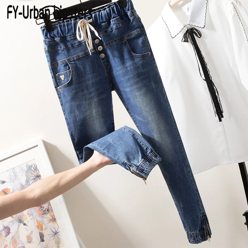 

ankle length Lace up jeans women high waist jeans with button elastic denim cotton pencil pants zipper leg jeans woman stretch